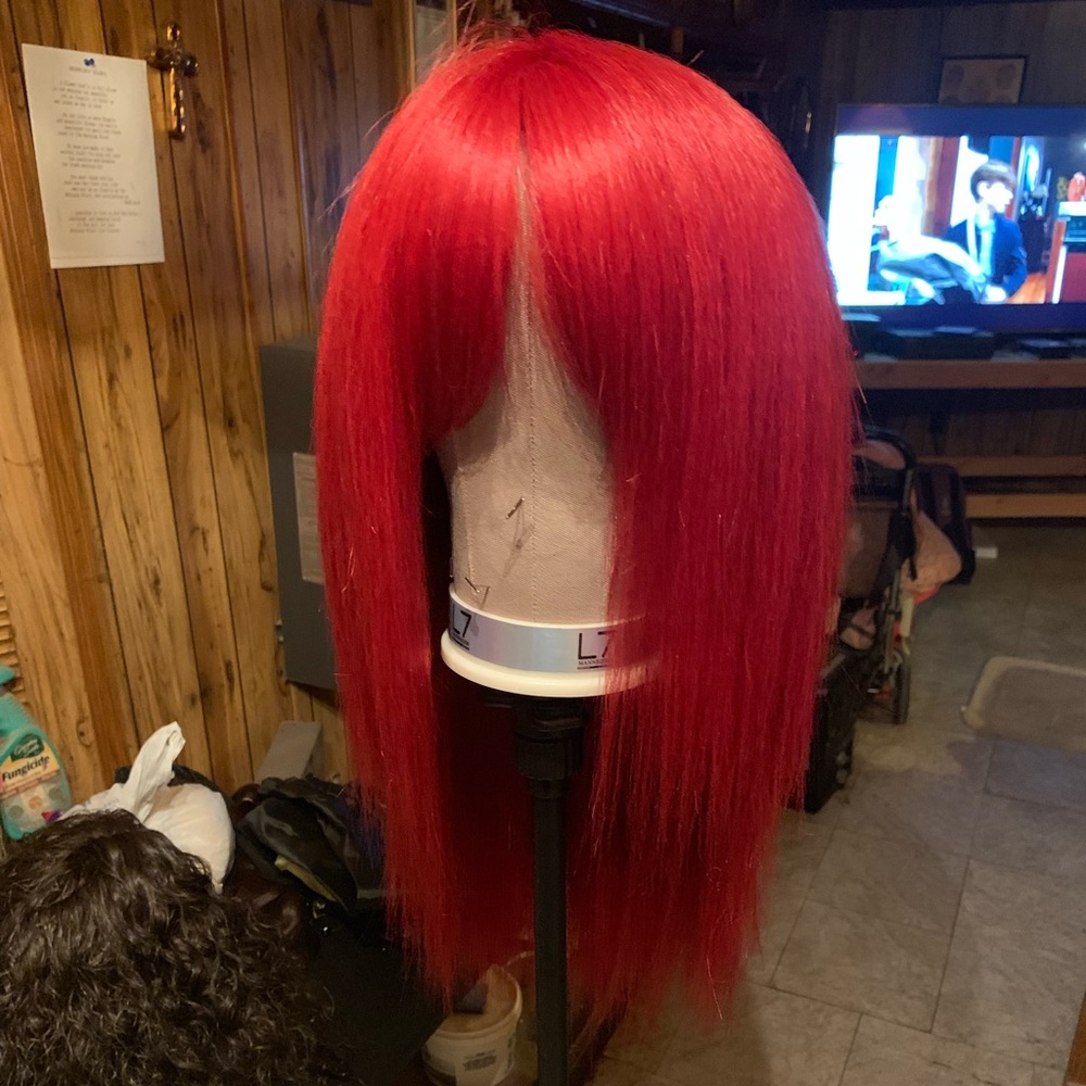 Neon red synthetic handmade wig